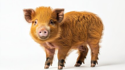 Fototapeta premium Adorable reddish-brown piglet standing on white. Perfect for farm, animal, or pet themes, evokes warmth and cuteness.