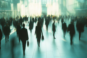 Long exposure shot of crowd of business people walking in bright office lobby fast moving with blurred details, concept of rat race and business