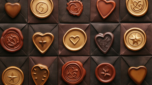 Gold wax stamp and vintage envelope illustration. Circle, heart and star yellow seal blank signature tag. 3d realistic sealed mail letter with security label. Waxseal quality insignia design