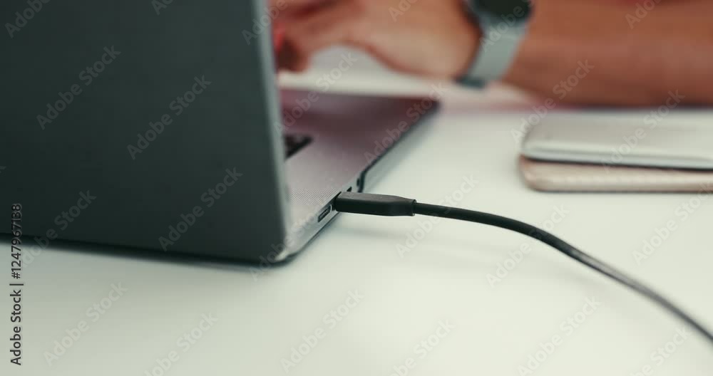 Leinwandbilder Hands, person and cable to charge laptop for database transmission, information security and it solution. Worker, port and digital app for software programming, online backup and maintenance transfer