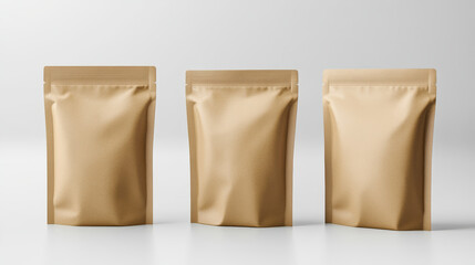 Brown paper bags set isolated on white background. Vector realistic illustration of 3D craft pouch mockups with zip lock and blank surface for product branding, resealable food, coffee, tea packaging