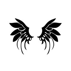 Elegant black angel wing design. Stylized minimalist illustration on white background. Winged symmetrical silhouette.