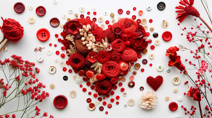  Elegant heart crafted from red yarn surrounded by colorful buttons on white background