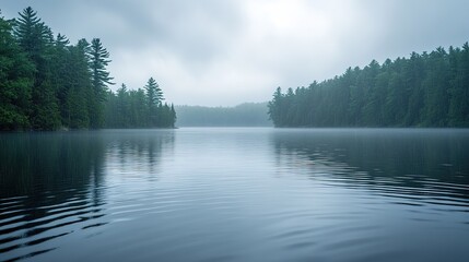 Serene Rainy Lake Surrounded by Lush Green Pine Trees