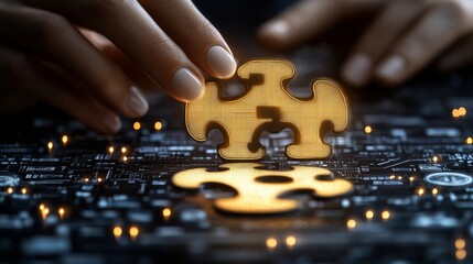 Golden Puzzle Pieces Interlocking on Futuristic Circuit Board Technology Innovation Concept