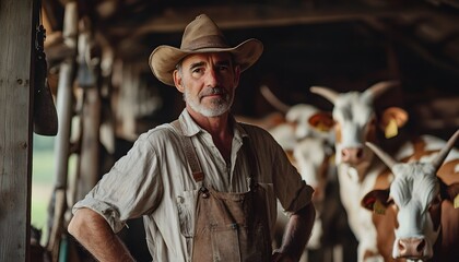 Farmer standing proudly in a barn with his cows
