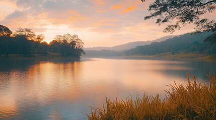 Obraz premium Serene Sunset Over Calm Lake And Lush Green Hills