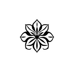 Minimalist black and white floral design of a symmetrical, six-petaled flower on a white background.