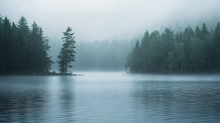 Fototapeta premium Rain Falling on a Lake Surrounded by Trees