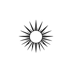 Black sunburst illustration, minimalist, symmetrical, stark and geometric with radiating light.