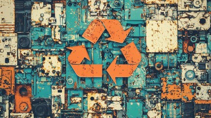 Naklejka premium Colorful recycle symbol on a textured background of discarded materials.