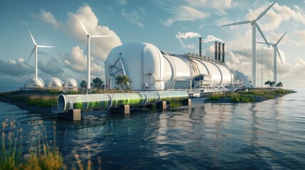 A large industrial plant with many tanks and a windmill industrial