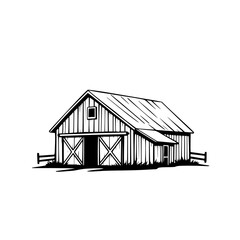 Barn illustration in black and white. Showing an open barn door, and short fence and small window. © MatandSterre