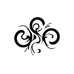 Abstract, symmetrical design of a stylized, tribal-style floral or ornamental pattern, featuring bold black lines on a white background.