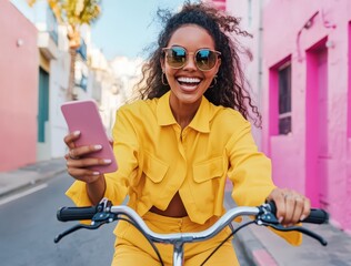Woman Cycling, Happy, Phone