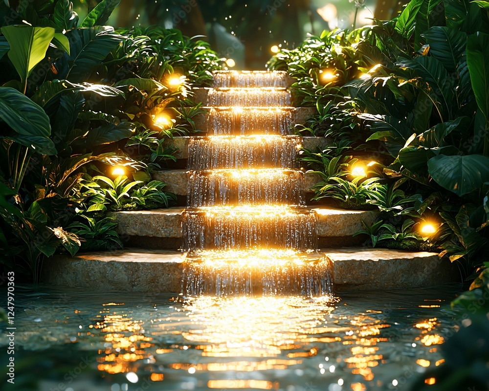 Poster waterfall cascading down stone steps in a lush jungle