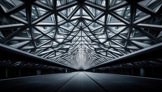 This striking image showcases a modern architectural design featuring an intricate glass and metal ceiling structure, creating a dramatic and spacious atmosphere in a minimalist environment.