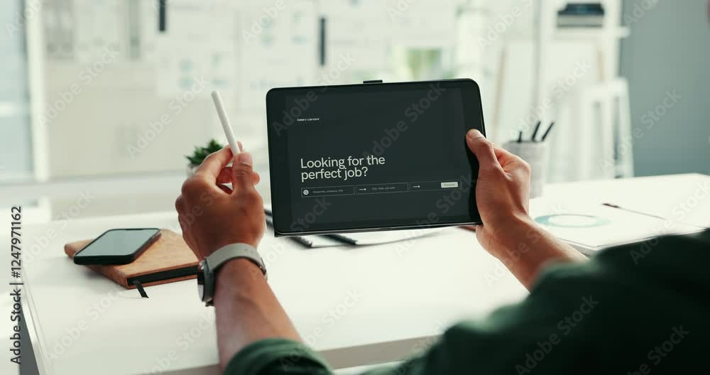 Poster hands, tablet and screen in office for job search, application and website development at company. p