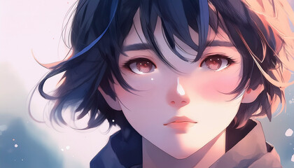 こちらをじっと見つめる黒髪のアニメの少女　ストイックでシリアスな無表情　水彩画のタッチ　女の子・アップ・目線・肌・化粧　意志と決意を感じる素直な顔つき