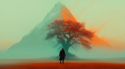 A lone figure stands before a monumental mountain and ancient tree bathed in a surreal atmosphere evoking mystery and isolation