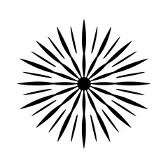 Fototapeta premium Black and white radial artwork of a star-like design. The design is a starburst shape of sharp black spikes emanating from a central black circle.