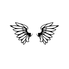 Black ink illustration of symmetrical angel wings isolated on a white background.