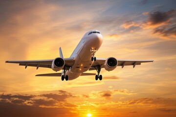 Airplane Flying Low Over Vibrant Horizon at Sunset with Dramatic Clouds