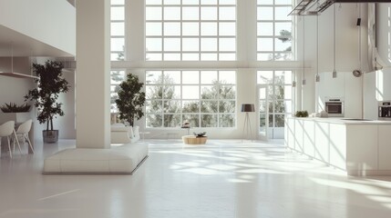A large, open living room with a white kitchen and a view of the city