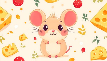 Cute mouse surrounded by cheese and berries