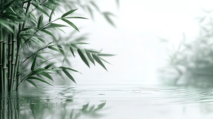 A vibrant green bamboo plant rises prominently from a reflective surface,