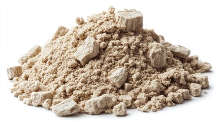Pile of beige powder and chunks on white background.