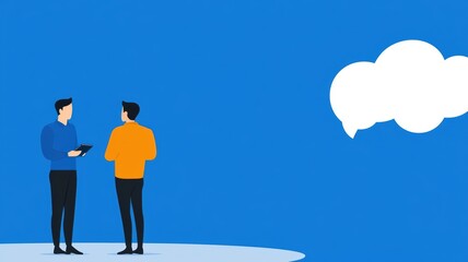 Obraz premium Two Men Discussing Mobile AI Assistants in a Bright Blue Background Setting