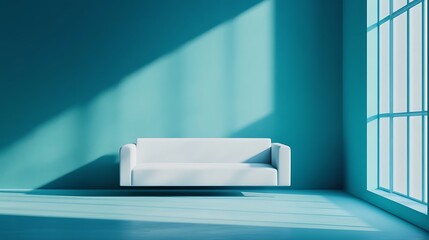 Minimalist Teal Room with Floating White Sofa and Sunlight