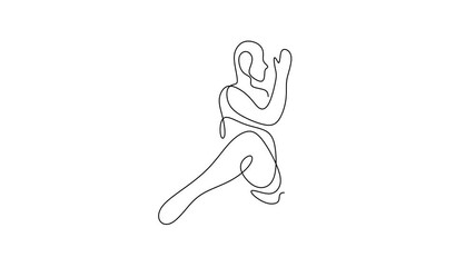 Continuous line drawing animation of human fitness yoga concept. Young man or woman doing Bharadvajasana yoga exercise pose. Healthy lifestyle theme. Concept of International Day of Yoga