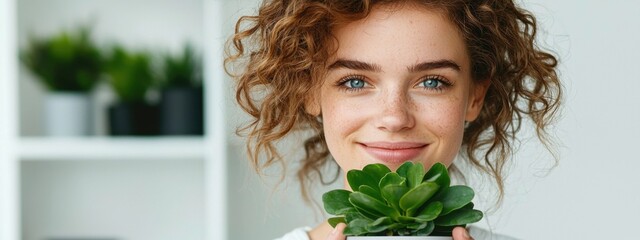 Naklejka premium Young woman with curly hair holding potted succulent plant in modern indoor space with bright natural light