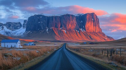 Majestic Icelandic Landscape: Breathtaking Sunset over Dramatic Mountains and Serene Road