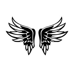Vector illustration of stylized black angel wings, symmetrical and isolated on white background.