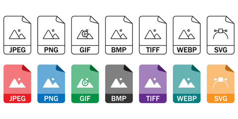 Collection of vector icons for image file formats (JPG, PNG, GIF, BMP, TIFF, WEBP, SVG) in outline and color styles. Ideal for UI/UX, web, and graphic design projects.