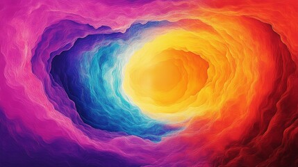 Colorful tunnel of cloud-like formations transitioning from purple to orange leading to a bright yellow center creating a hypnotic effect