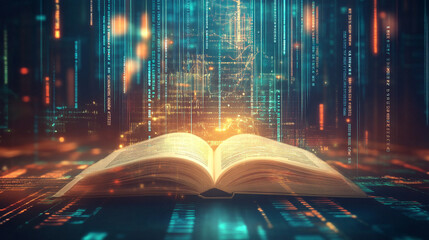A digital illustration of an open book on a desk with glowing futuristic background, An open book in a mystical library glowing digital elements, and Vibrant digital matrix raining over an open book.