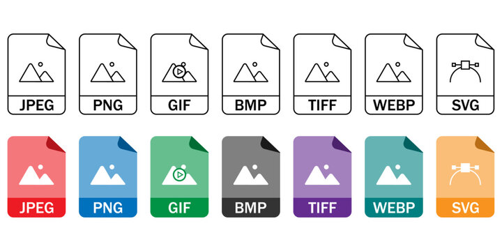 Collection of vector icons for image file formats (JPG, PNG, GIF, BMP, TIFF, WEBP, SVG) in outline and color styles. Ideal for UI/UX, web, and graphic design projects.