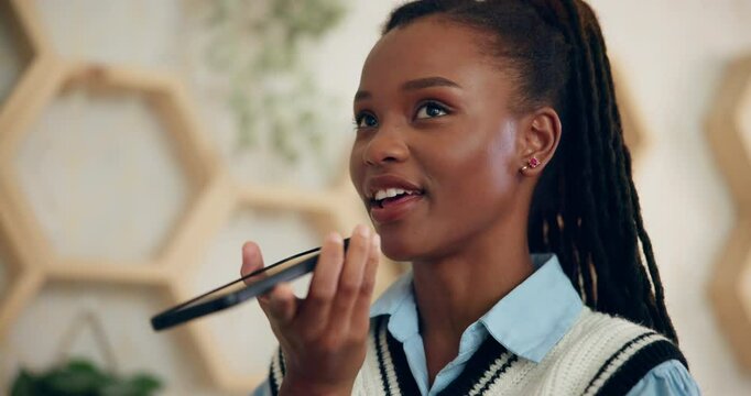 Black woman, talking or speaker with phone for audio message, voice note or chat at office. Female person, environmentalist or florist speaking with mobile smartphone or vocal app for recording sound