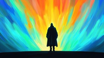 Silhouette before the radiant burst a lone figure stands amidst a dazzling spectacle of vibrant colors and boundless energy