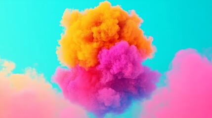 Fototapeta premium Colorful smoke explosion with vibrant yellow and pink hues against a bright cyan background creating a mesmerizing visual effect