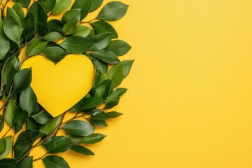 Heart Shape Surrounded by Green Leaves on Yellow Background for Self Care Theme