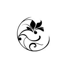 Elegant Black and White Floral Swirl: Minimalist Illustration of a Flower with Decorative Leaves.