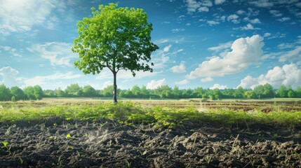Obraz premium A tree is standing in a field with a blue sky in the background