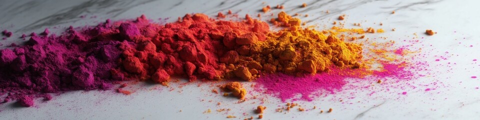 Fototapeta premium Holi powders scattered on a smooth white marble table with a gentle breeze a?