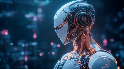 Futuristic Cyborg with Intricate Circuitry and a Sleek White Shell on a dark background