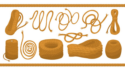 Set of rope in knots, coils and skeins. Hardware store. Household and agricultural tools. Climbing equipment. Jute for handicrafts. Marine gear. Vector illustration isolated on transparent background.